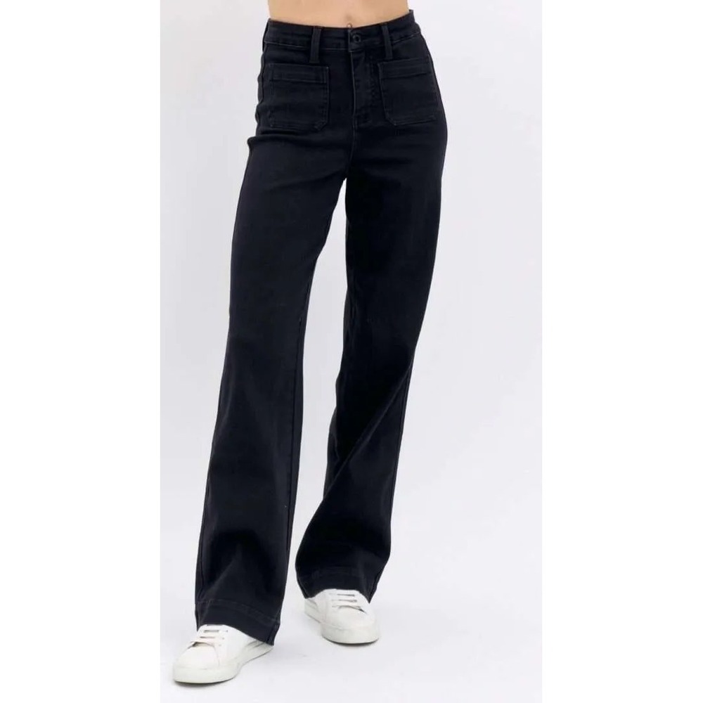 Judy Blue Black High Waist Wide‎ Leg Patch Pocket Jeans Denim Trousers